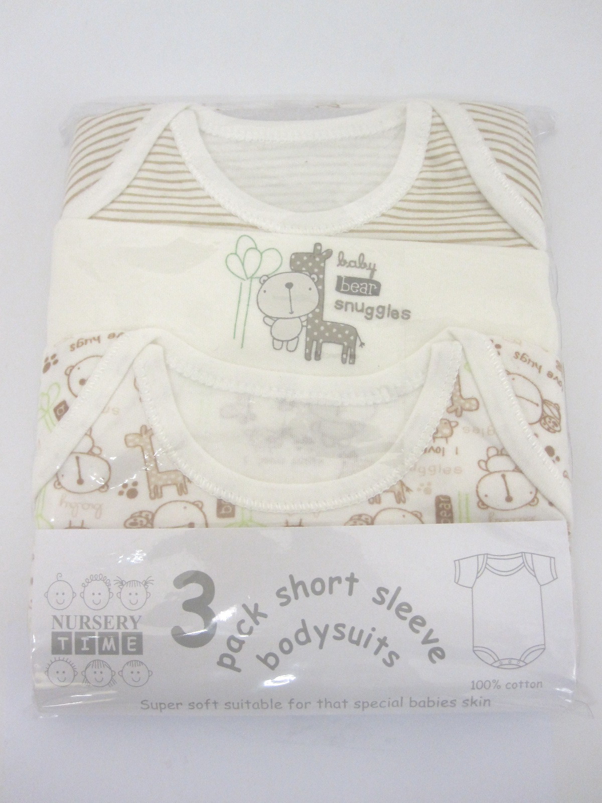 Baby 3 Pack Bodysuits Assorted Designs In Ecru