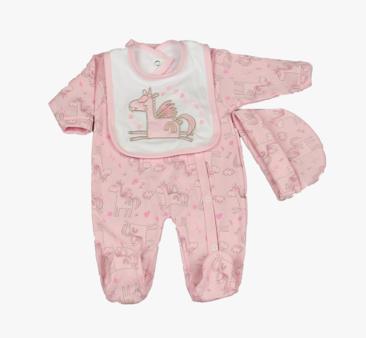 Baby 3pc Layette Gift Set - Sleepsuit, Bib And Cap