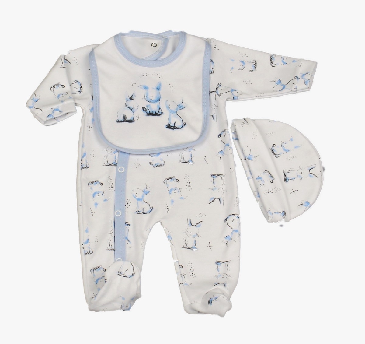 Baby 3pc Layette Gift Set - Sleepsuit, Bib And Cap