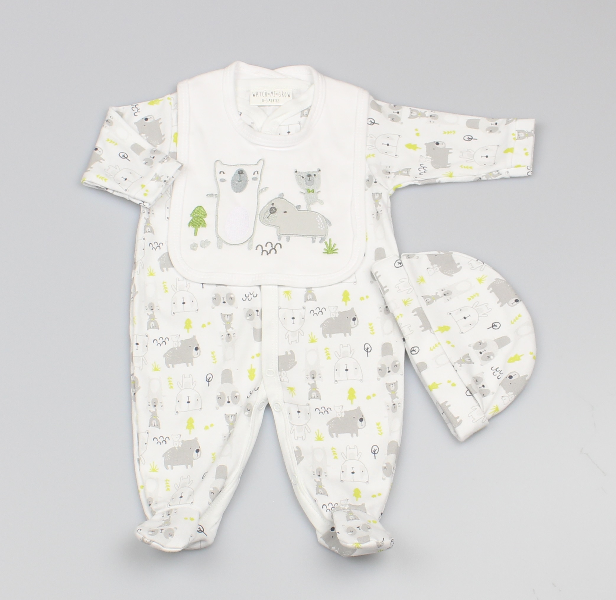 Baby 3pc Layette Gift Set - Sleepsuit, Bib And Cap