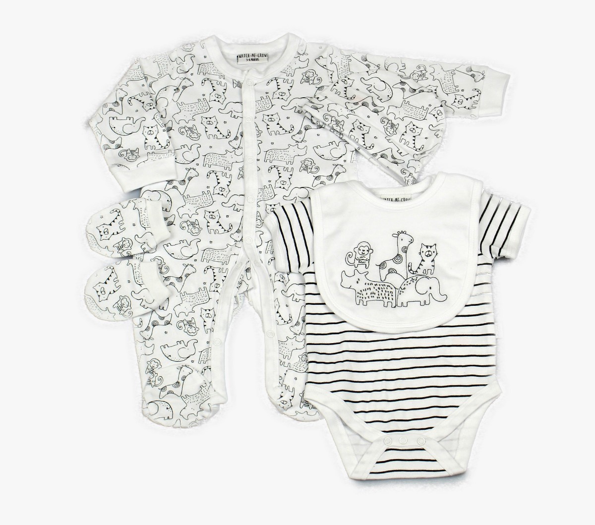 Baby 5pc Layette Gift Set - Sleepsuit, Bodysuit, Bib, Cap And Mitts