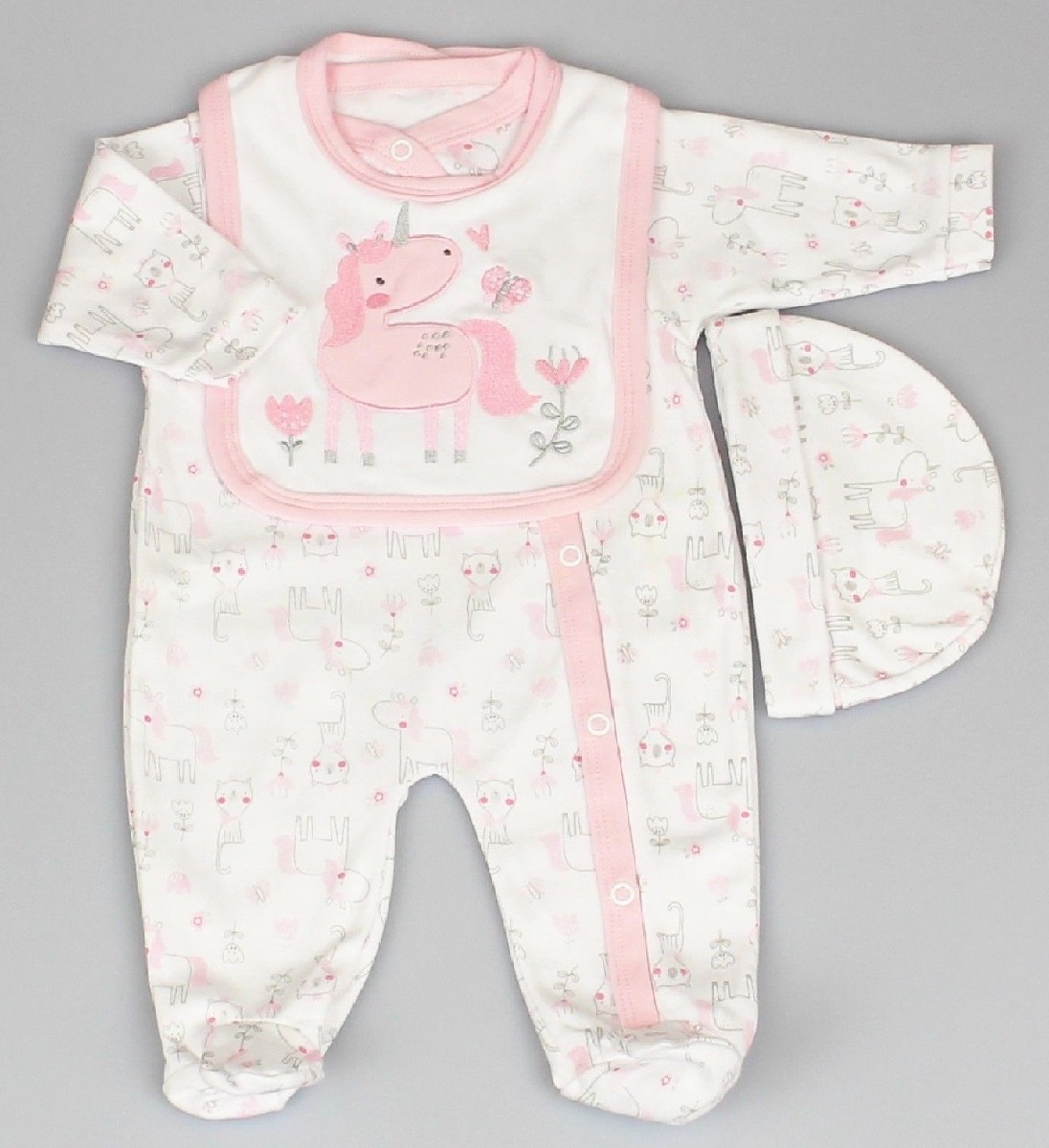 Baby 3pc Layette Gift Set - Sleepsuit, Bib And Cap