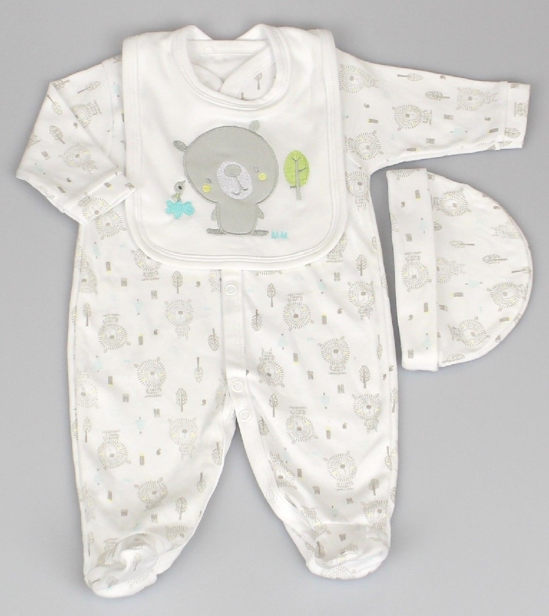 Baby 3pc Layette Gift Set - Sleepsuit, Bib And Cap