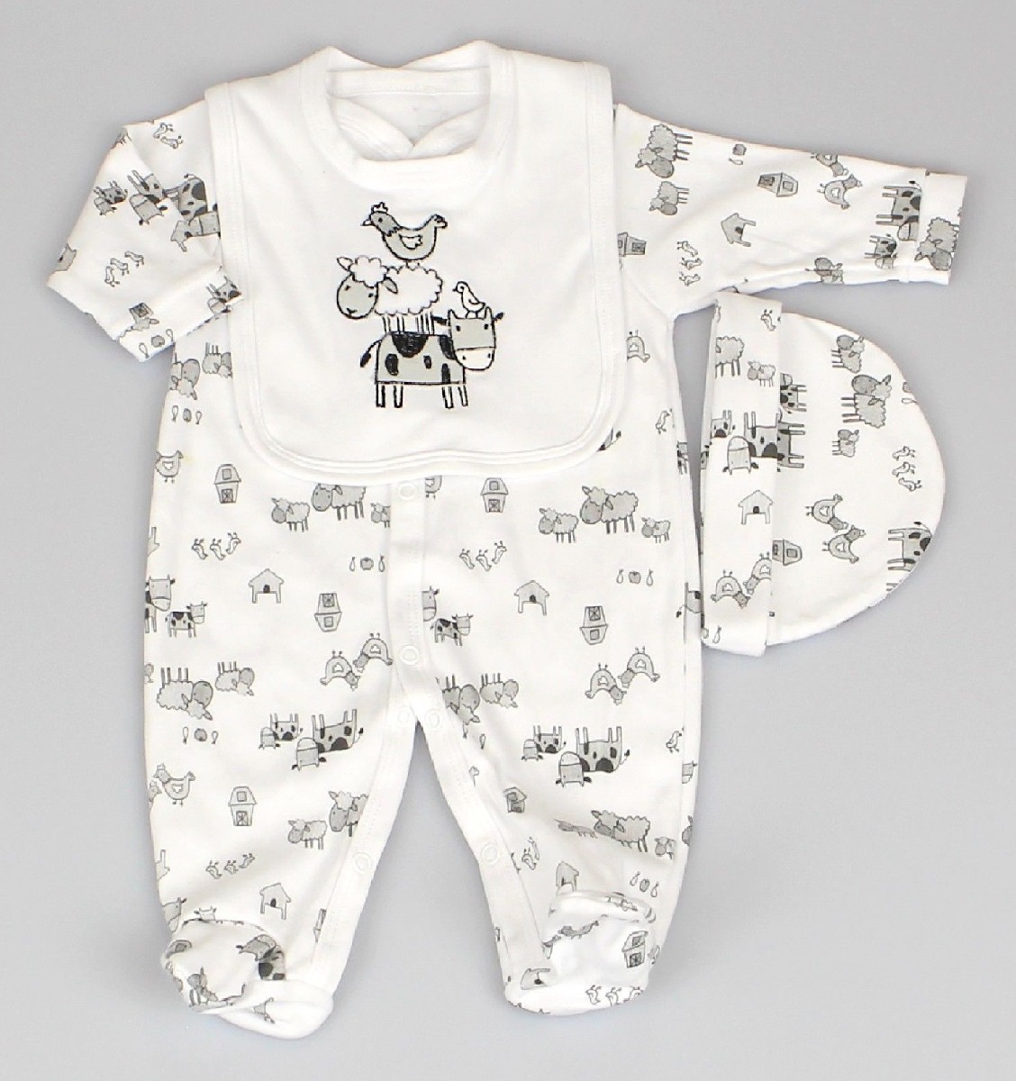 Baby 3pc Layette Gift Set - Sleepsuit, Bib And Cap