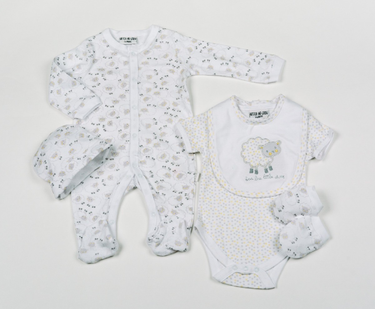 Baby 5pc Layette Gift Set - Sleepsuit, Bodysuit, Bib, Cap And Mitts