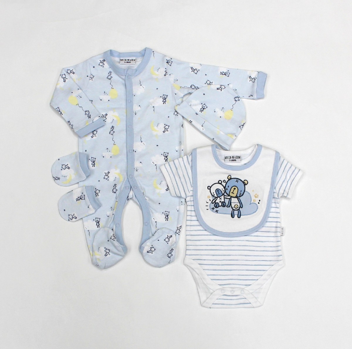 Baby 5pc Layette Gift Set - Sleepsuit, Bodysuit, Bib, Cap And Mitts