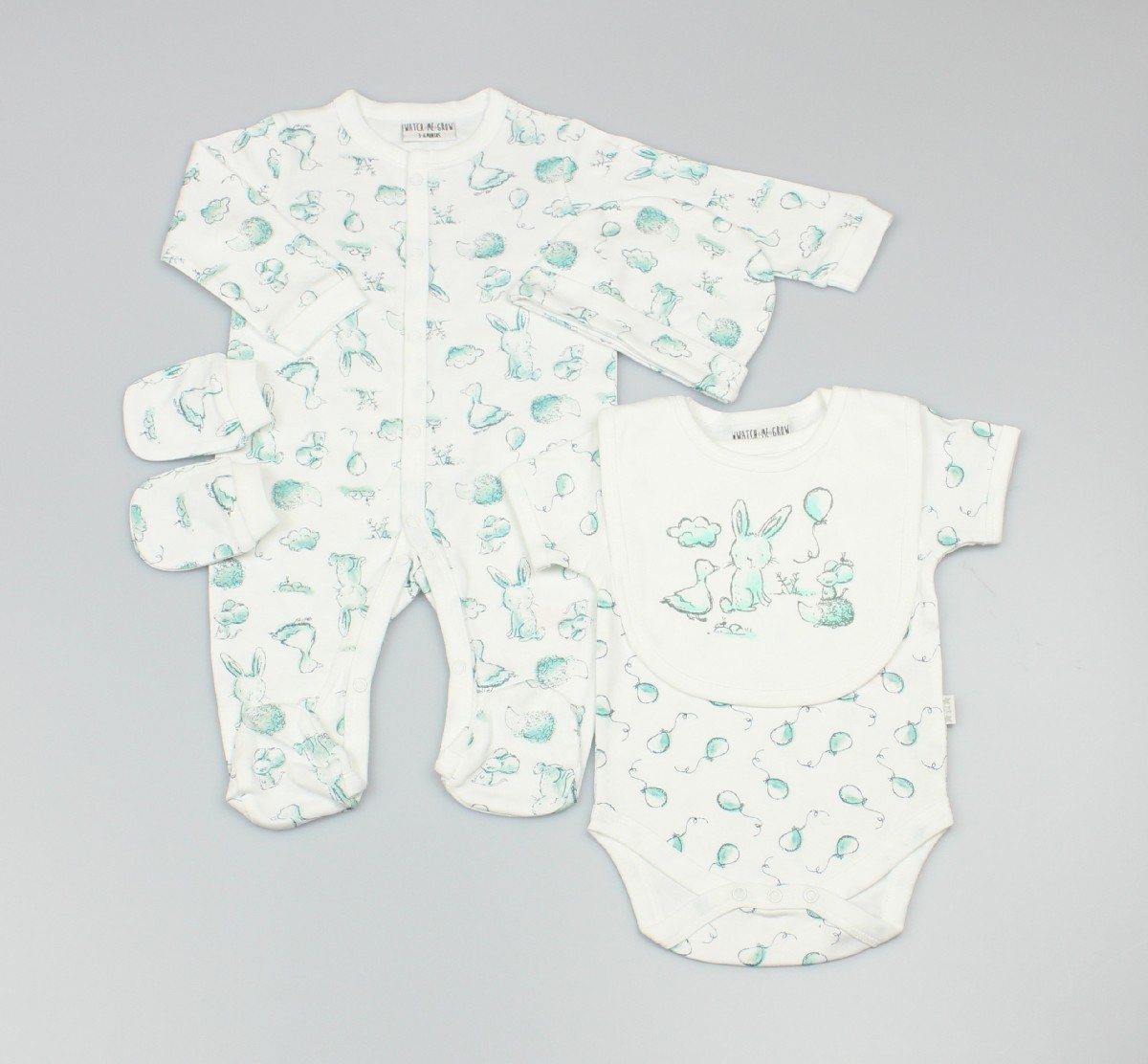 Baby 5pc Layette Gift Set - Sleepsuit, Bodysuit, Bib, Cap And Mitts