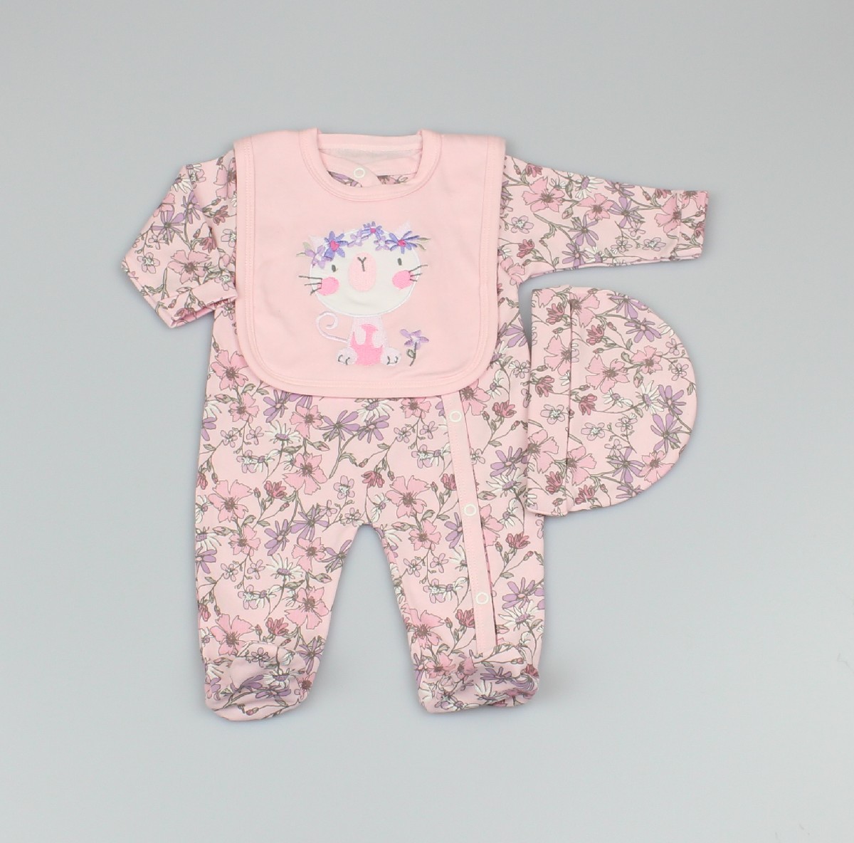 Baby 3pc Layette Gift Set - Sleepsuit, Bib And Cap