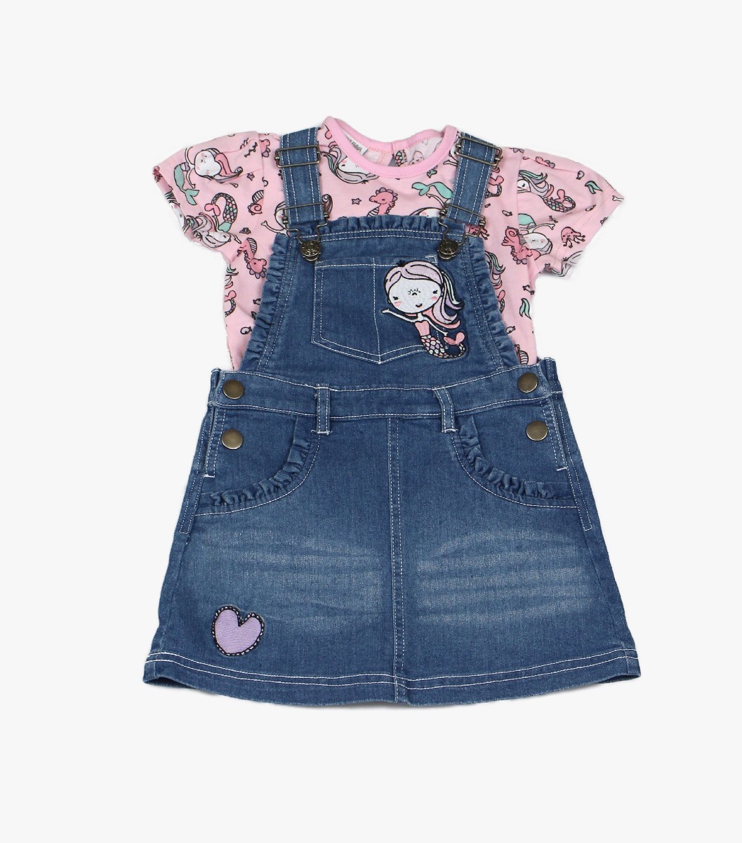 Girls Denim Dungaree + T-shirt Mermaid