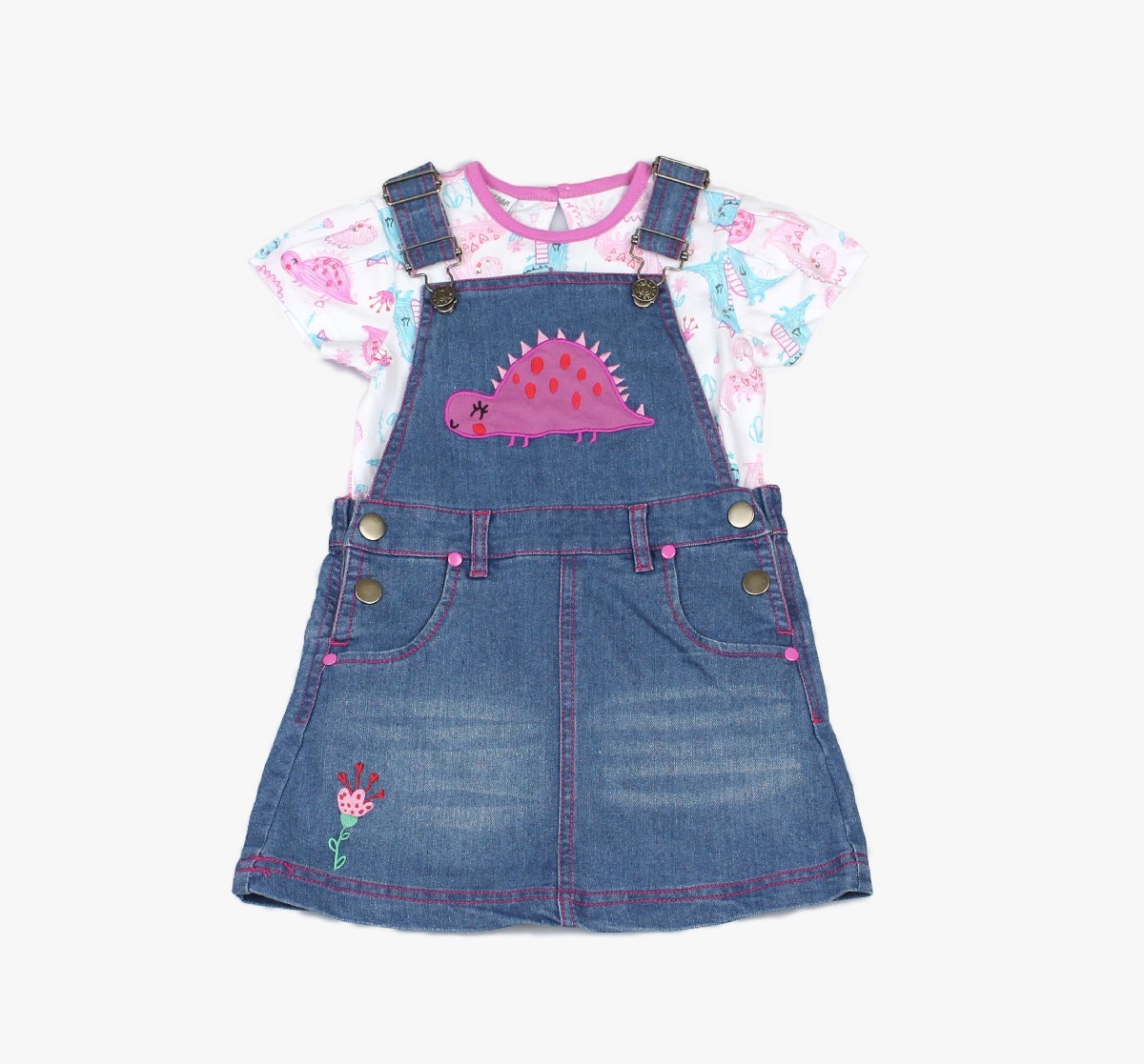 Girls Denim Pinafore + T-shirt Dino