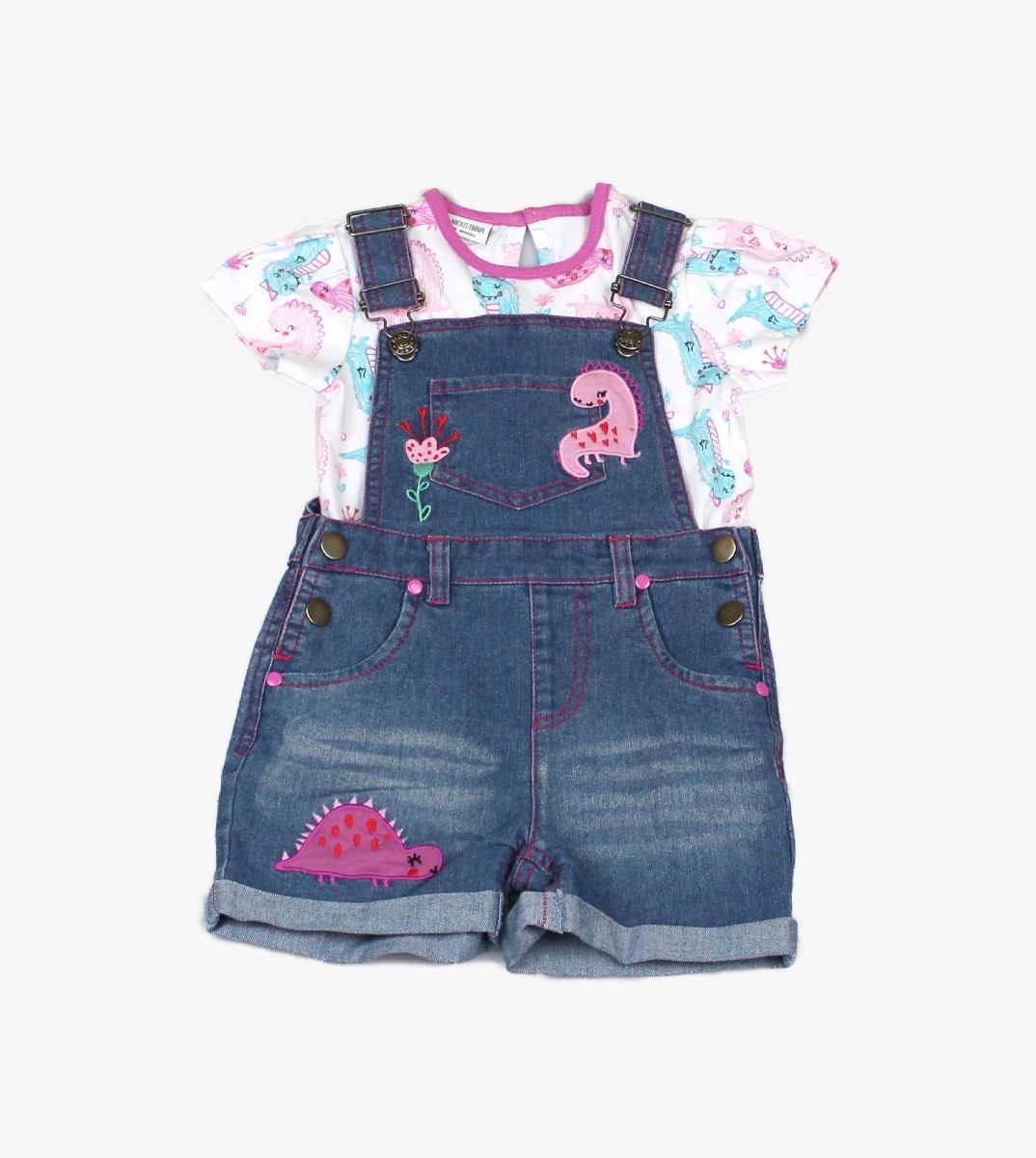 Girls Denim Dungaree + T-shirt Dino